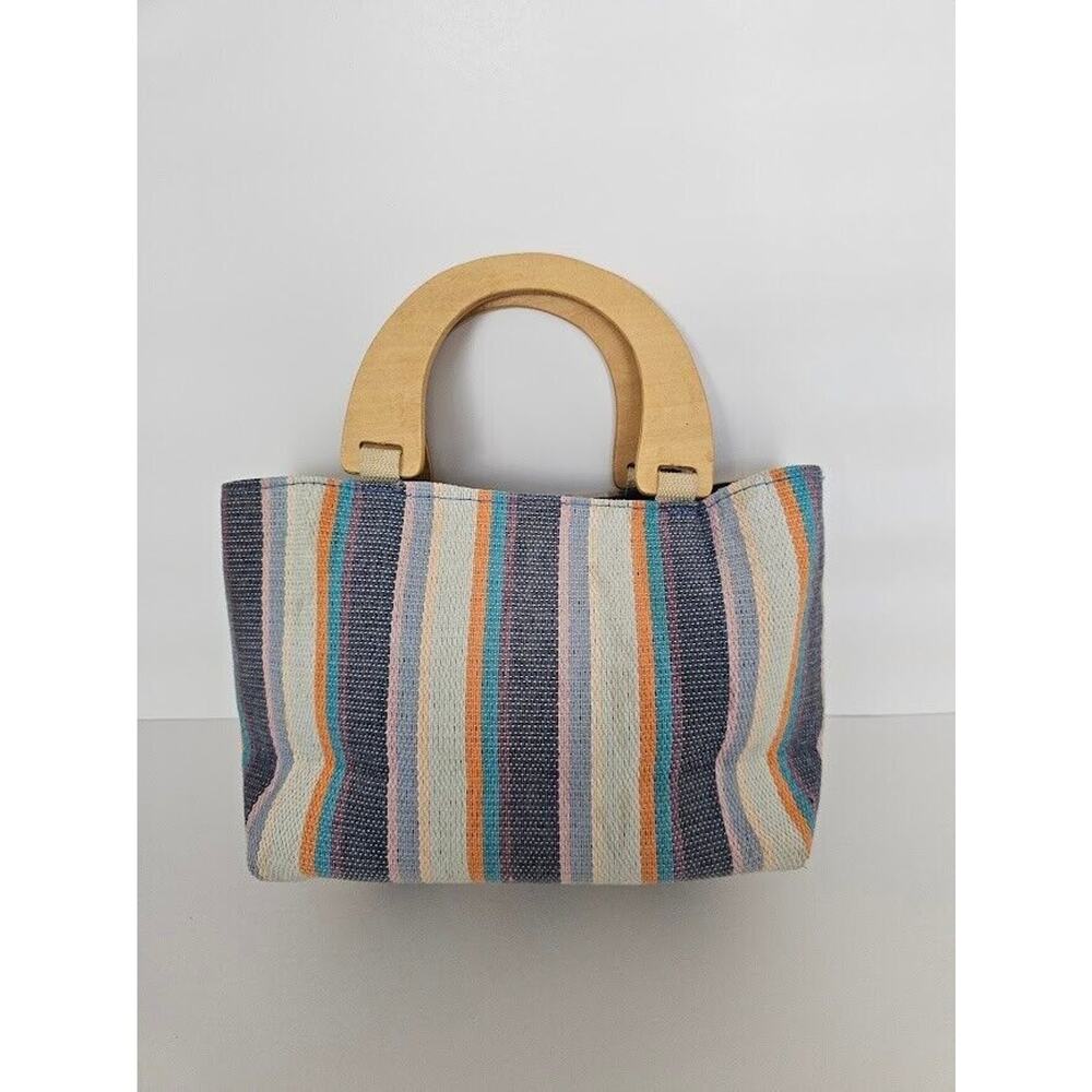 Neiman Marcus - Blue Striped Straw Hand Bag - Wooden Handles - Used - 13X7